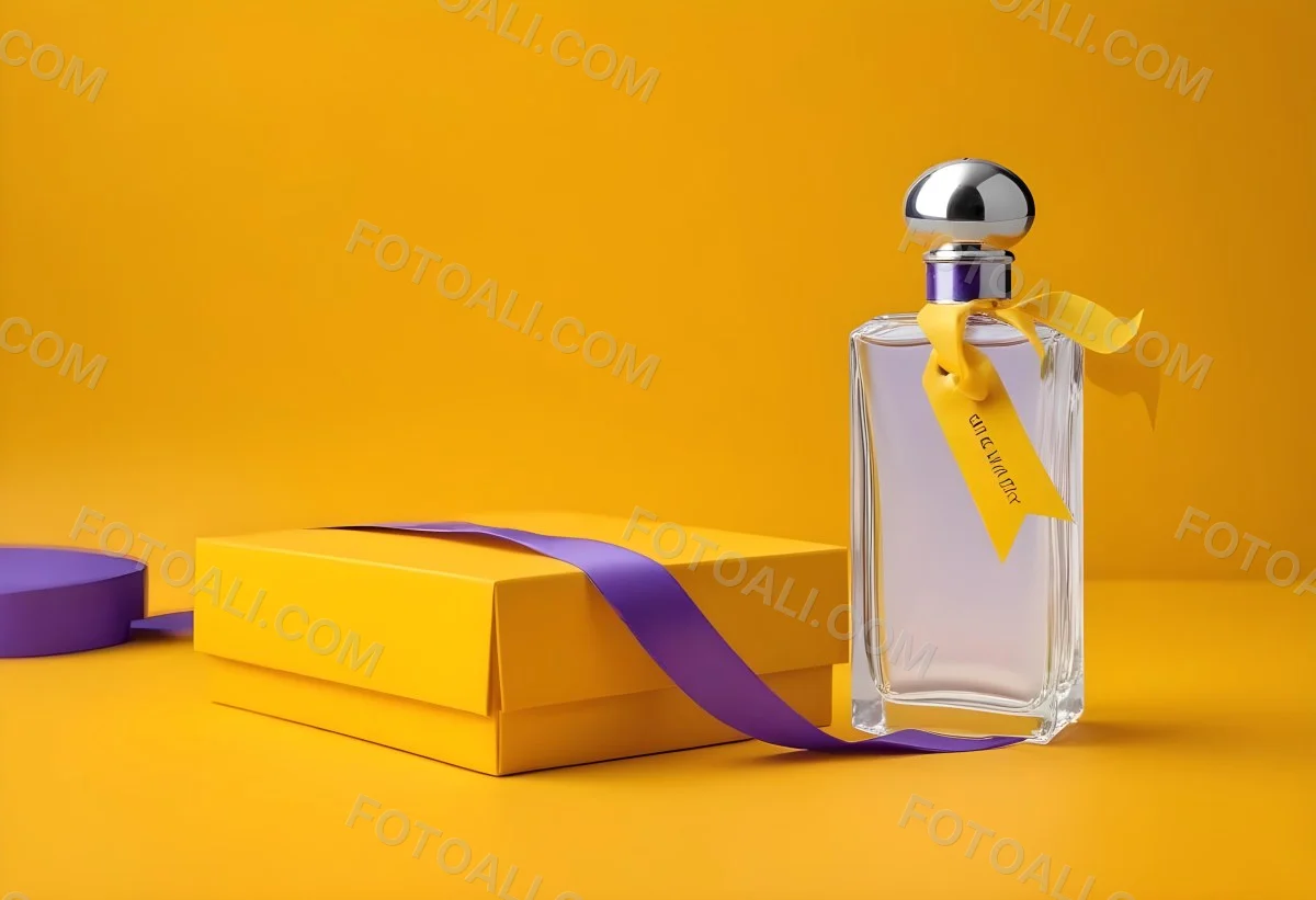 Minimal Soft Studio Light Photography A Perfume Bottle With A Silver Cap And A Yellow Box With A Purple Ribbon On A Yellow Table High Detail Solid Bold Color Background 30 7ef3