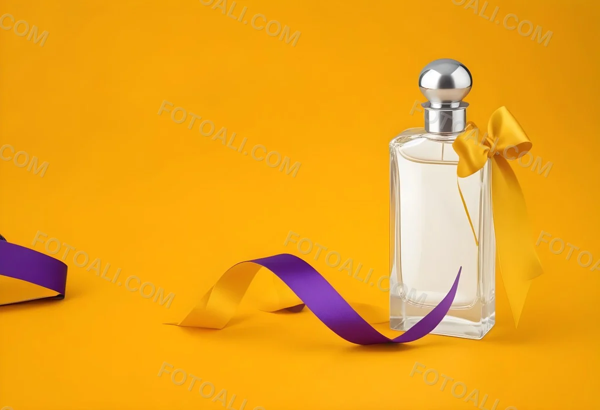 Minimal Soft Studio Light Photography A Perfume Bottle With A Silver Cap And A Yellow Box With A Purple Ribbon On A Yellow Table High Detail Solid Bold Color Background 31 4429