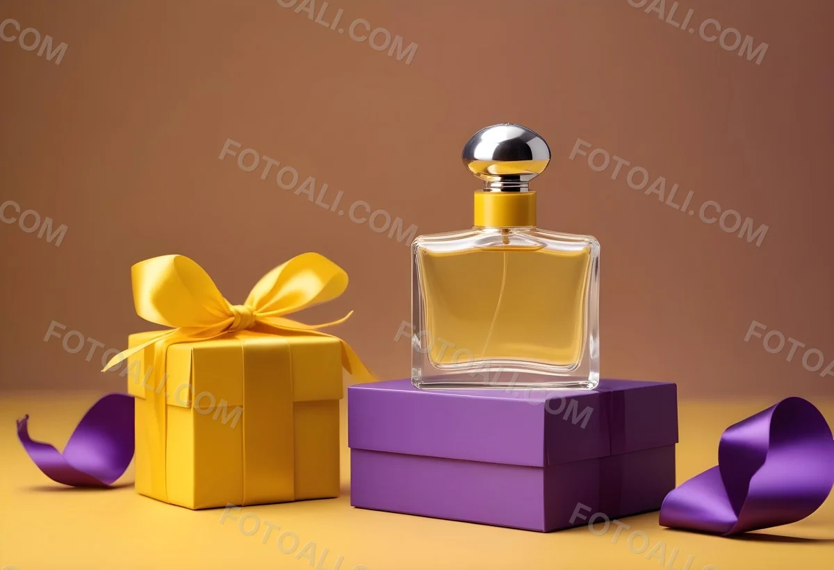 Minimal Soft Studio Light Photography A Perfume Bottle With A Silver Cap And A Yellow Box With A Purple Ribbon On A Yellow Table High Detail Solid Bold Color Background 36 B687