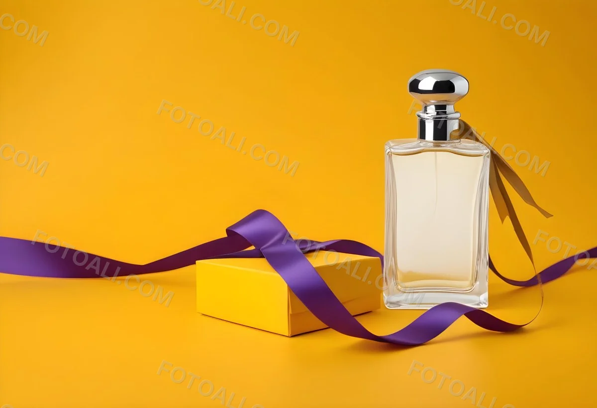 Minimal Soft Studio Light Photography A Perfume Bottle With A Silver Cap And A Yellow Box With A Purple Ribbon On A Yellow Table High Detail Solid Bold Color Background 40 74ee