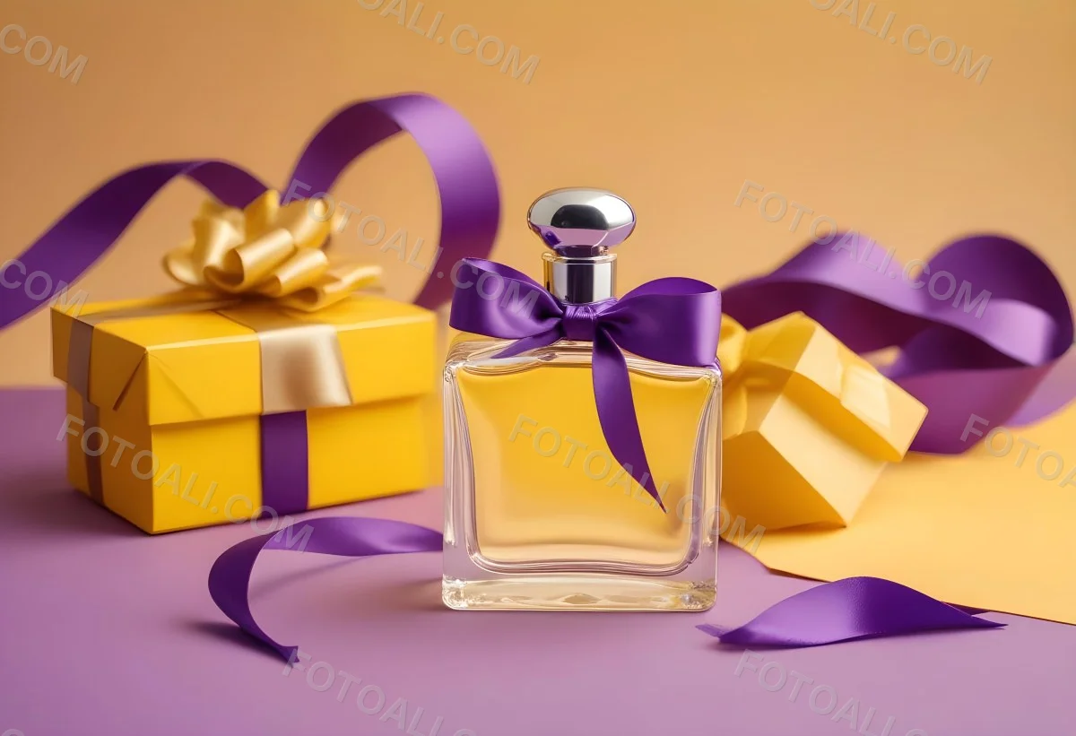 Minimal Soft Studio Light Photography A Perfume Bottle With A Silver Cap And A Yellow Box With A Purple Ribbon On A Yellow Table High Detail Solid Bold Color Background 42 6cac