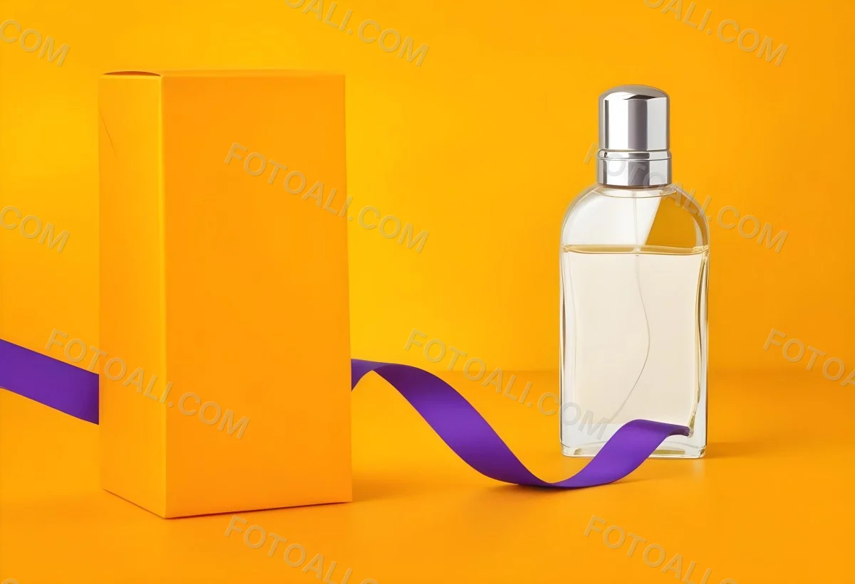 Minimal Soft Studio Light Photography A Perfume Bottle With A Silver Cap And A Yellow Box With A Purple Ribbon On A Yellow Table High Detail Solid Bold Color Background 5 50d6