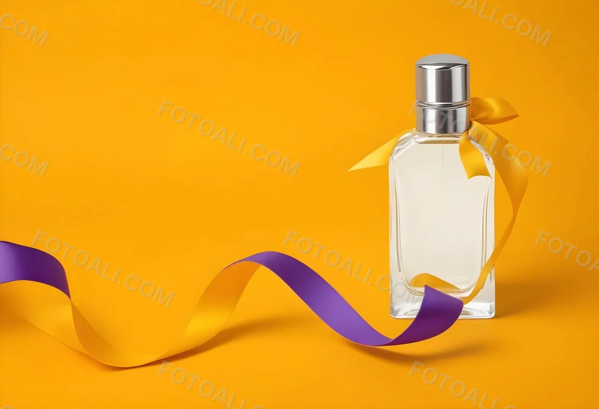 Minimal Soft Studio Light Photography A Perfume Bottle With A Silver Cap And A Yellow Box With A Purple Ribbon On A Yellow Table High Detail Solid Bold Color Background 8 501d