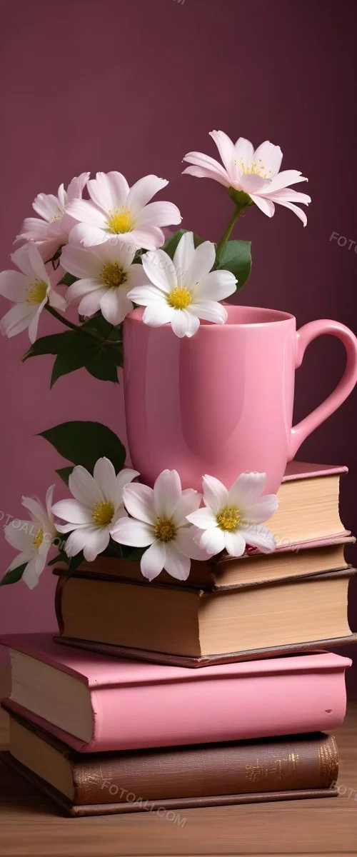 Minimal Soft Studio Light Photography A Pink Ceramic Mug With White Flowers On Top Of A Stack Of Books On A Wooden Surface High Detail Solid Bold Color Background 13 3070