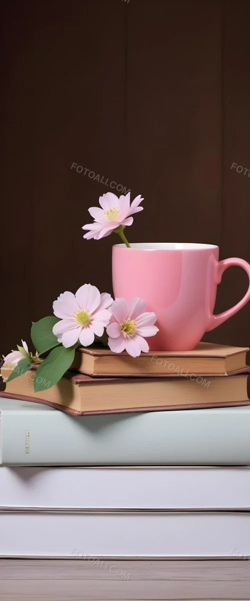 Minimal Soft Studio Light Photography A Pink Ceramic Mug With White Flowers On Top Of A Stack Of Books On A Wooden Surface High Detail Solid Bold Color Background 14 3efa