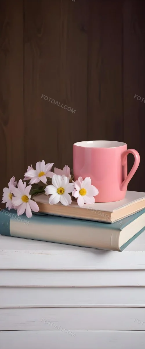 Minimal Soft Studio Light Photography A Pink Ceramic Mug With White Flowers On Top Of A Stack Of Books On A Wooden Surface High Detail Solid Bold Color Background 16 E82e