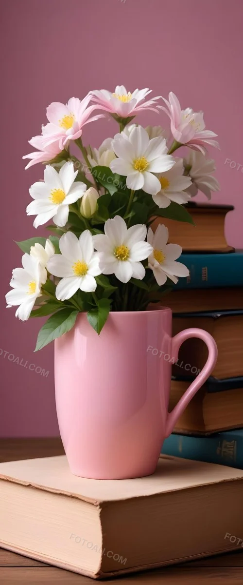 Minimal Soft Studio Light Photography A Pink Ceramic Mug With White Flowers On Top Of A Stack Of Books On A Wooden Surface High Detail Solid Bold Color Background 18 Bd37