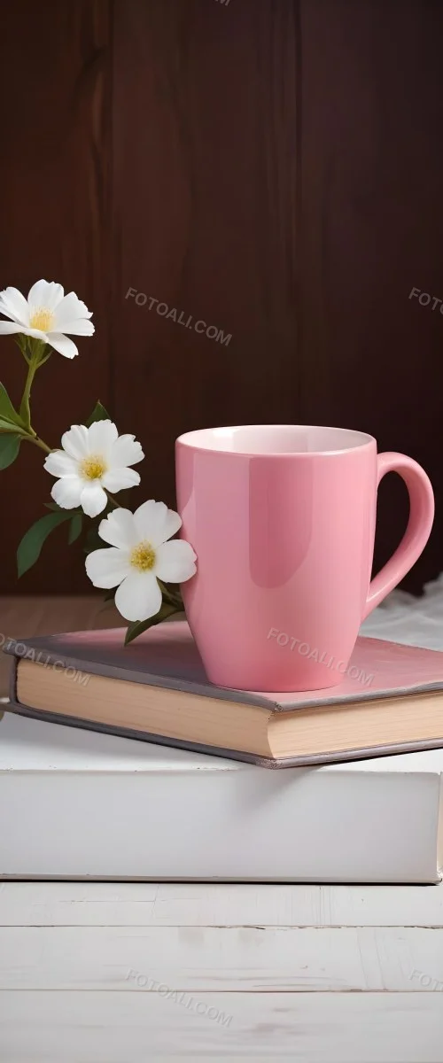 Minimal Soft Studio Light Photography A Pink Ceramic Mug With White Flowers On Top Of A Stack Of Books On A Wooden Surface High Detail Solid Bold Color Background 19 48dd