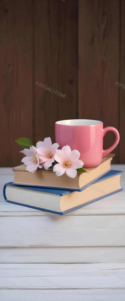Minimal Soft Studio Light Photography A Pink Ceramic Mug With White Flowers On Top Of A Stack Of Books On A Wooden Surface High Detail Solid Bold Color Background 2 5280 A988