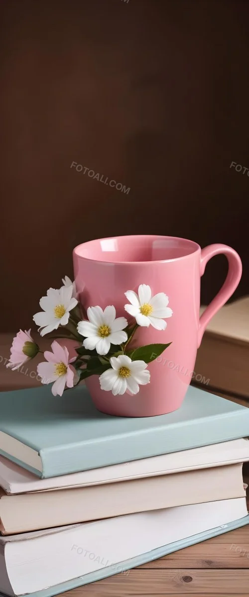 Minimal Soft Studio Light Photography A Pink Ceramic Mug With White Flowers On Top Of A Stack Of Books On A Wooden Surface High Detail Solid Bold Color Background 20 E5e5
