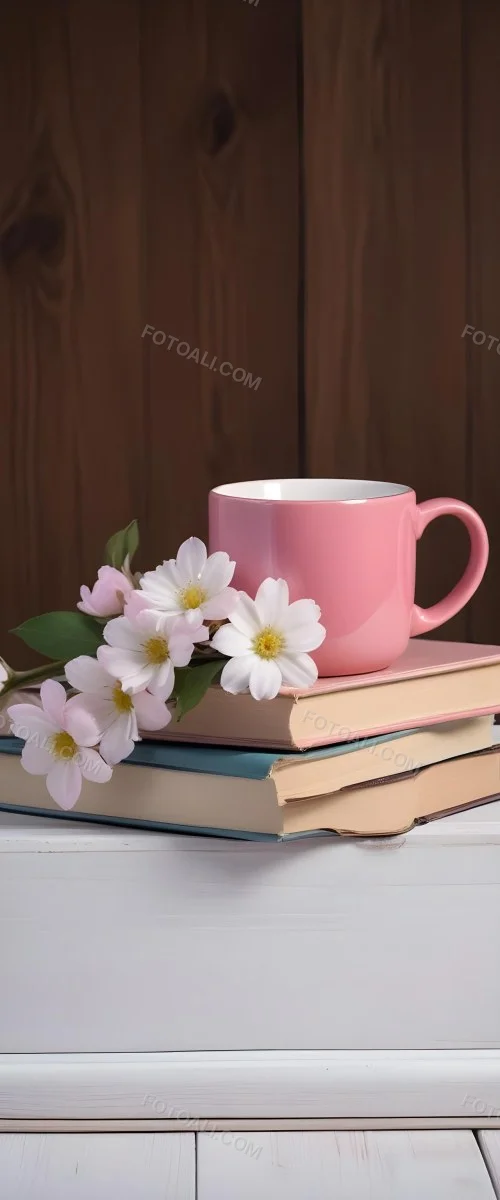 Minimal Soft Studio Light Photography A Pink Ceramic Mug With White Flowers On Top Of A Stack Of Books On A Wooden Surface High Detail Solid Bold Color Background 21 271d