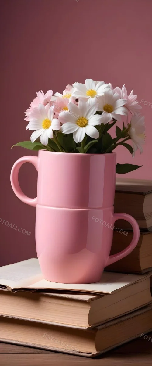 Minimal Soft Studio Light Photography A Pink Ceramic Mug With White Flowers On Top Of A Stack Of Books On A Wooden Surface High Detail Solid Bold Color Background 22 9d91