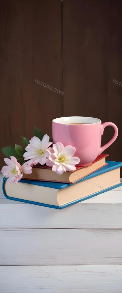 Minimal Soft Studio Light Photography A Pink Ceramic Mug With White Flowers On Top Of A Stack Of Books On A Wooden Surface High Detail Solid Bold Color Background 3 731a