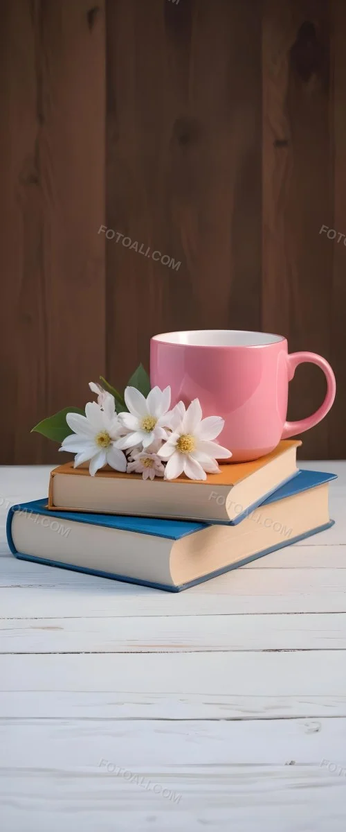 Minimal Soft Studio Light Photography A Pink Ceramic Mug With White Flowers On Top Of A Stack Of Books On A Wooden Surface High Detail Solid Bold Color Background 4 1354