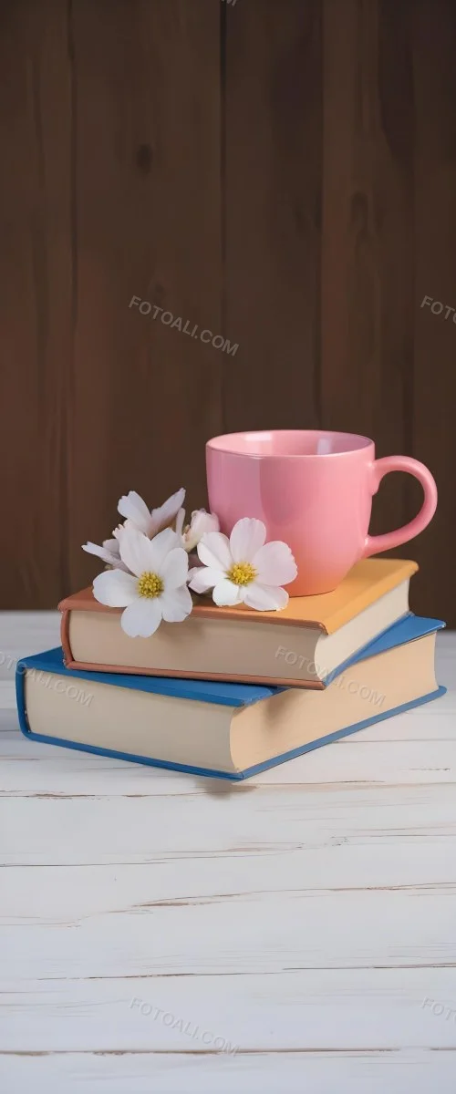 Minimal Soft Studio Light Photography A Pink Ceramic Mug With White Flowers On Top Of A Stack Of Books On A Wooden Surface High Detail Solid Bold Color Background 5 2e6b