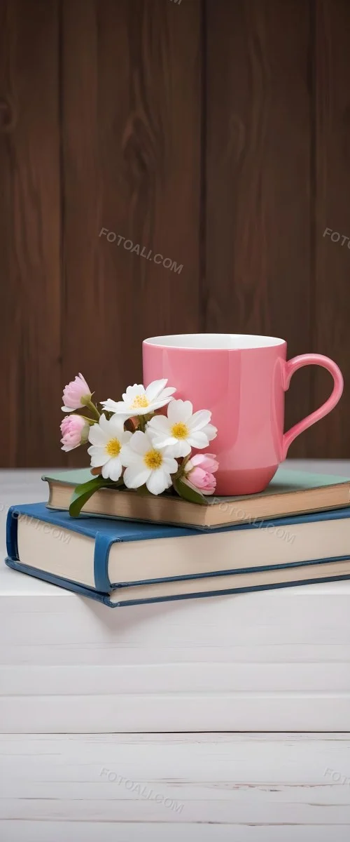 Minimal Soft Studio Light Photography A Pink Ceramic Mug With White Flowers On Top Of A Stack Of Books On A Wooden Surface High Detail Solid Bold Color Background 6 08f6