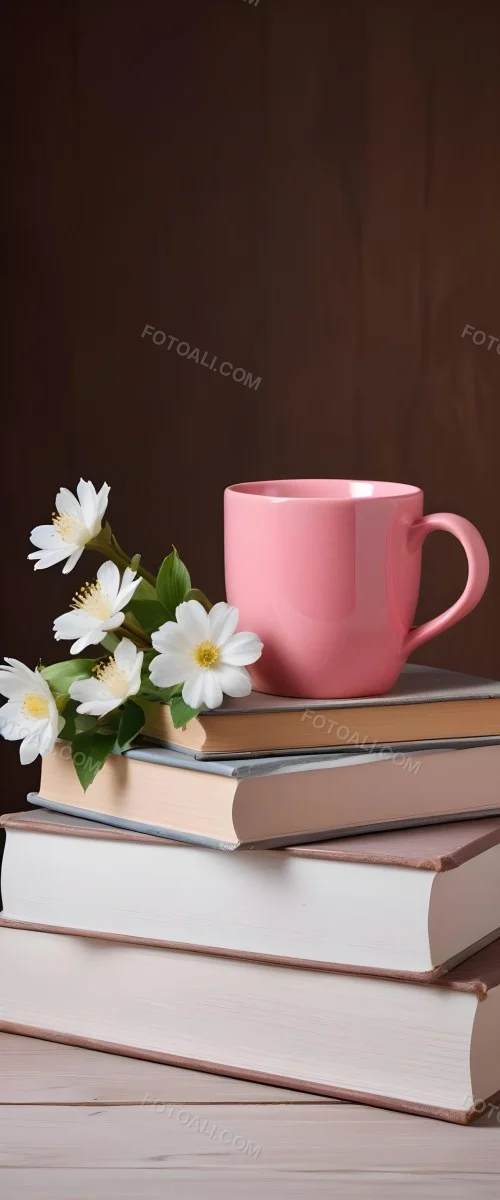 Minimal Soft Studio Light Photography A Pink Ceramic Mug With White Flowers On Top Of A Stack Of Books On A Wooden Surface High Detail Solid Bold Color Background 8 Dc28