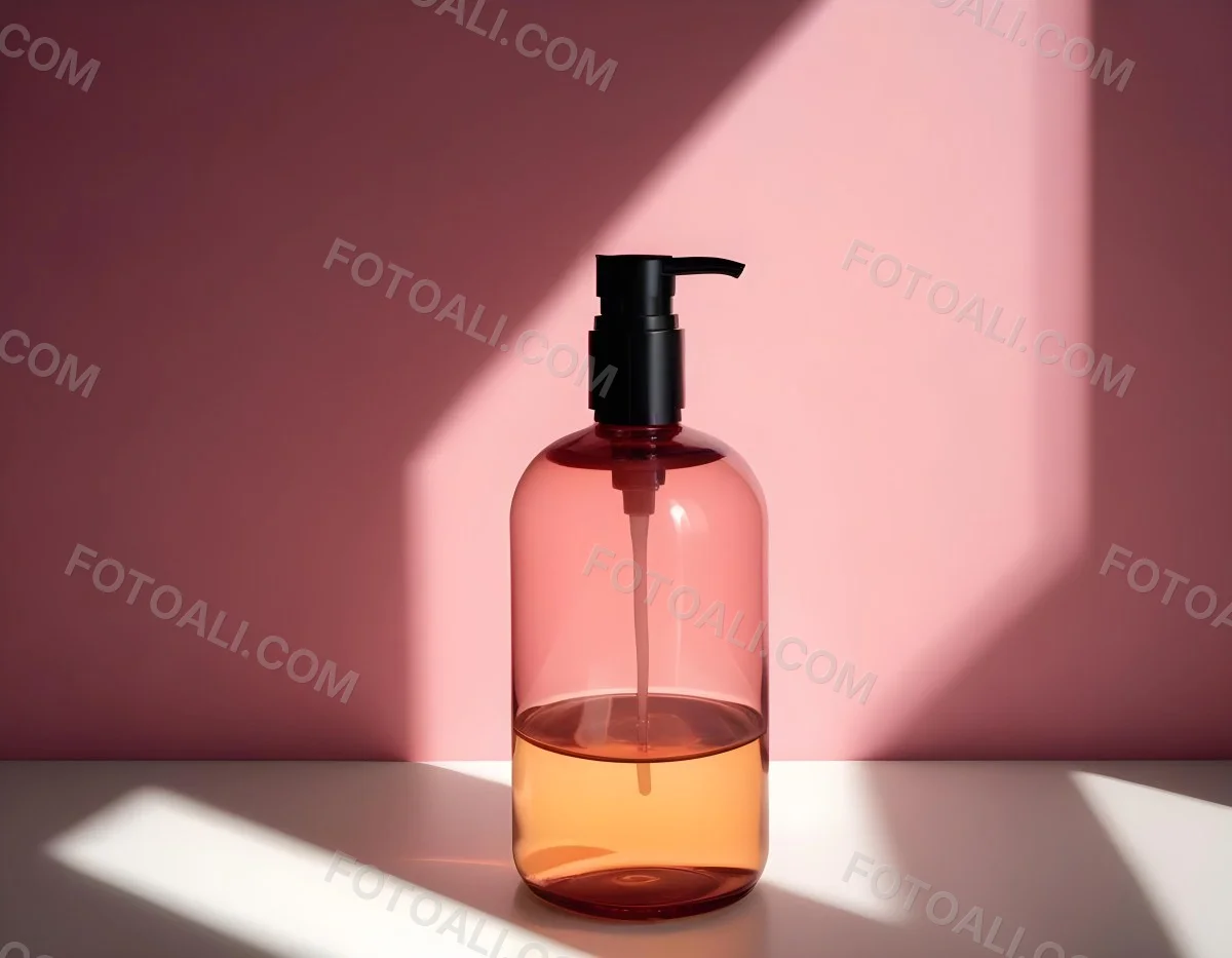 Minimal Soft Studio Light Photography A Pink Glass Bottle With White Dispenser On A Black Surface White Wall With Shadows In The Background High Detail Solid Bold Color Background 1 Bdfd