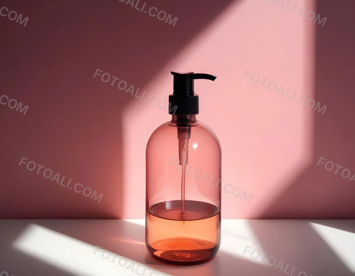 Minimal Soft Studio Light Photography A Pink Glass Bottle With White Dispenser On A Black Surface White Wall With Shadows In The Background High Detail Solid Bold Color Background 10 77bd
