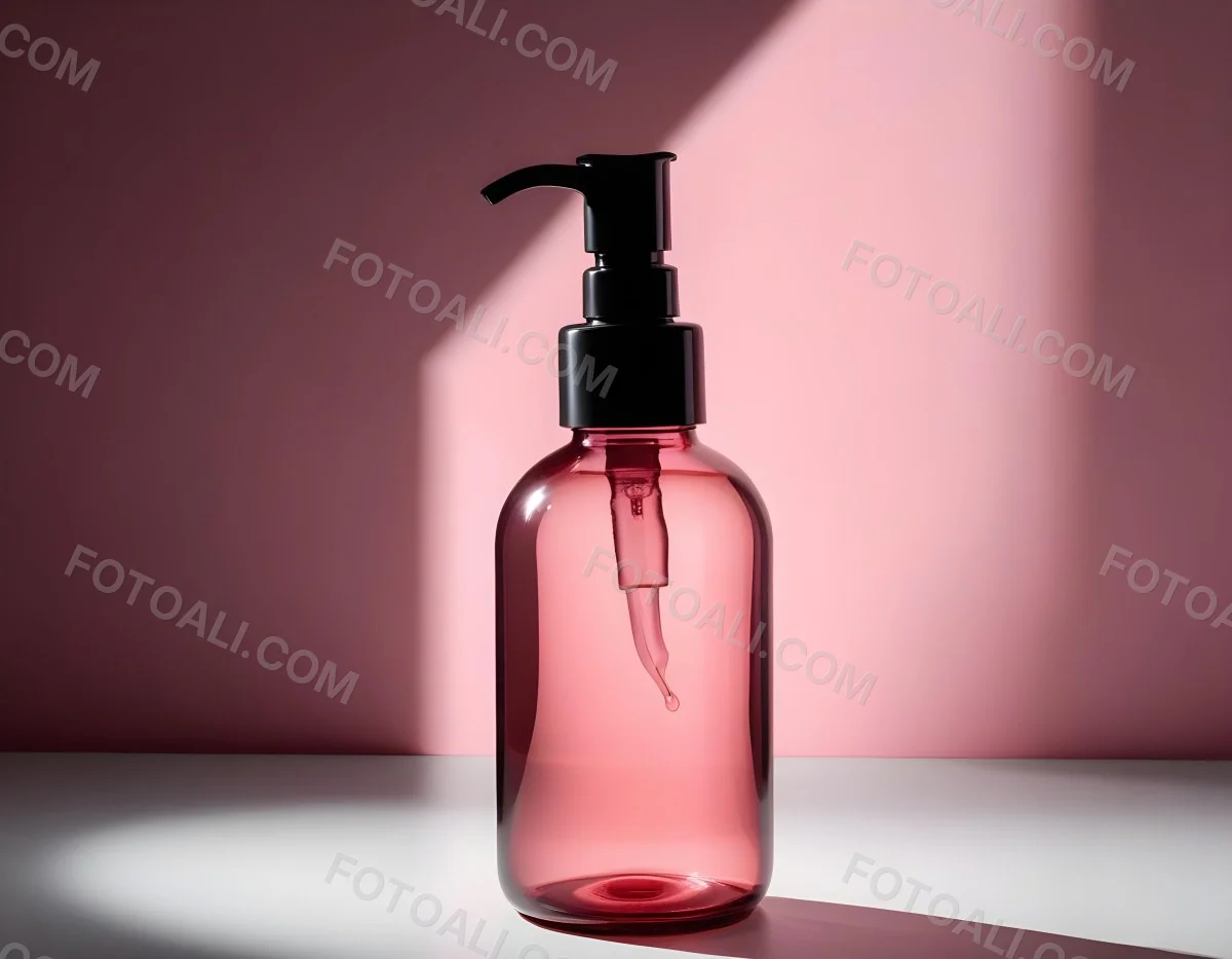 Minimal Soft Studio Light Photography A Pink Glass Bottle With White Dispenser On A Black Surface White Wall With Shadows In The Background High Detail Solid Bold Color Background 11 2fb8