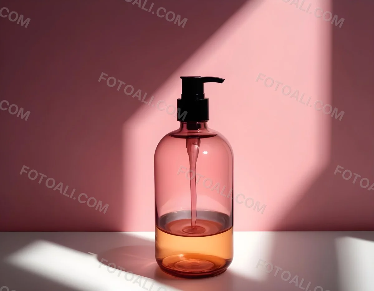 Minimal Soft Studio Light Photography A Pink Glass Bottle With White Dispenser On A Black Surface White Wall With Shadows In The Background High Detail Solid Bold Color Background 14 5124