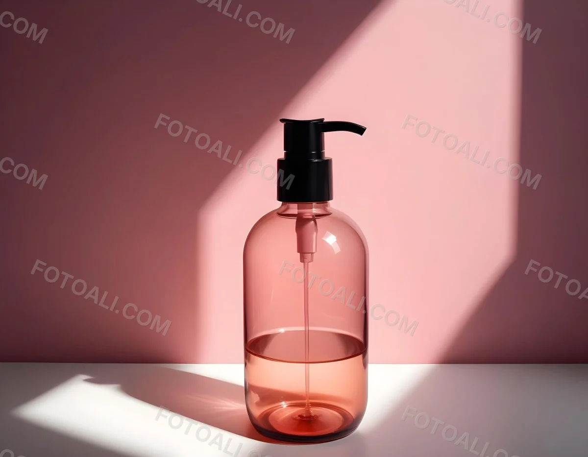 Minimal Soft Studio Light Photography A Pink Glass Bottle With White Dispenser On A Black Surface White Wall With Shadows In The Background High Detail Solid Bold Color Background 16 04b4