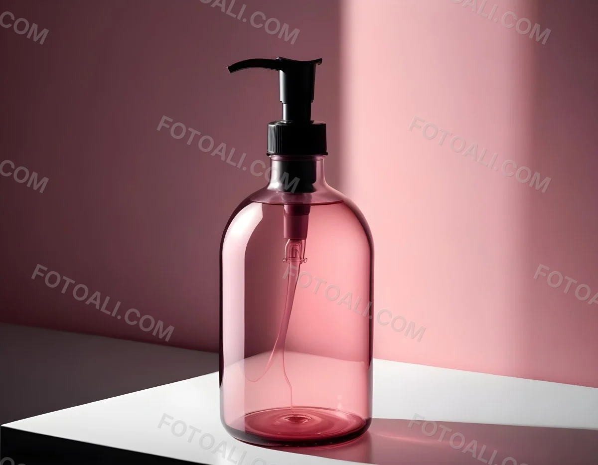 Minimal Soft Studio Light Photography A Pink Glass Bottle With White Dispenser On A Black Surface White Wall With Shadows In The Background High Detail Solid Bold Color Background 17 1e40