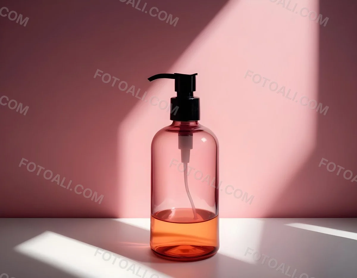 Minimal Soft Studio Light Photography A Pink Glass Bottle With White Dispenser On A Black Surface White Wall With Shadows In The Background High Detail Solid Bold Color Background 2 79d2