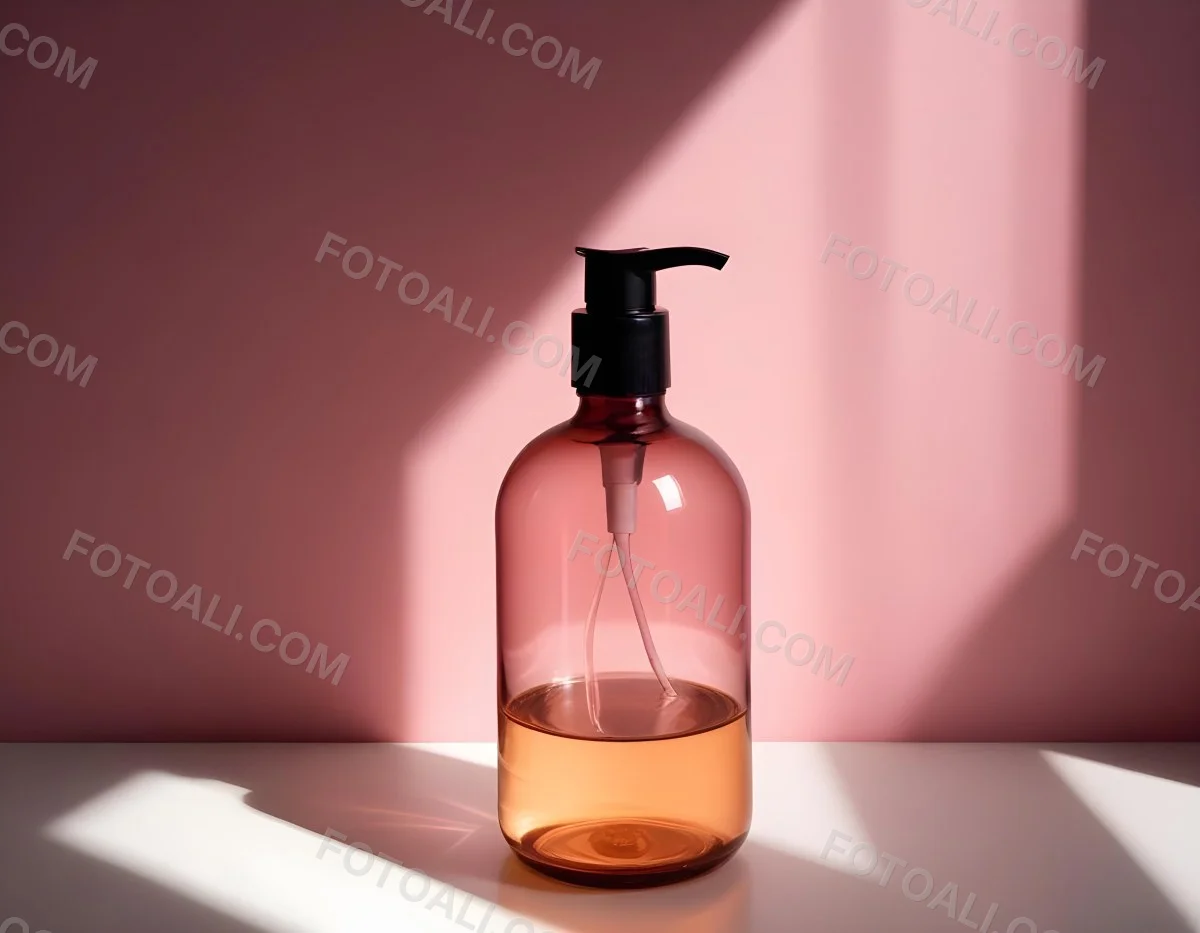 Minimal Soft Studio Light Photography A Pink Glass Bottle With White Dispenser On A Black Surface White Wall With Shadows In The Background High Detail Solid Bold Color Background 3 Ad4b