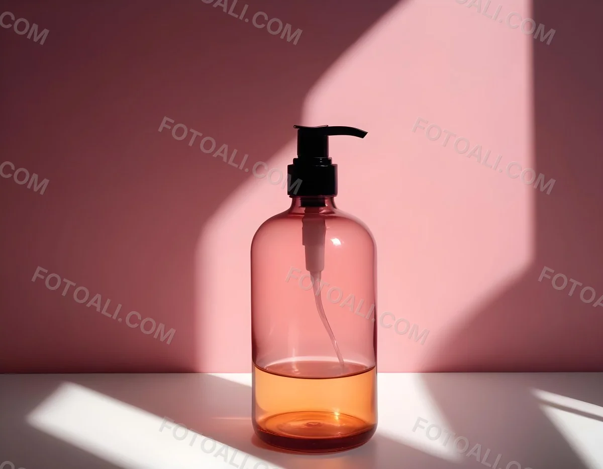 Minimal Soft Studio Light Photography A Pink Glass Bottle With White Dispenser On A Black Surface White Wall With Shadows In The Background High Detail Solid Bold Color Background 4 B83f