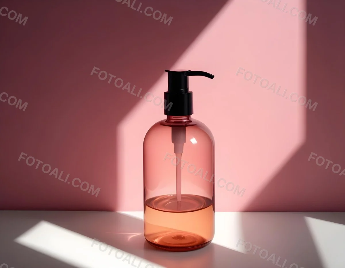 Minimal Soft Studio Light Photography A Pink Glass Bottle With White Dispenser On A Black Surface White Wall With Shadows In The Background High Detail Solid Bold Color Background 5 Bb40