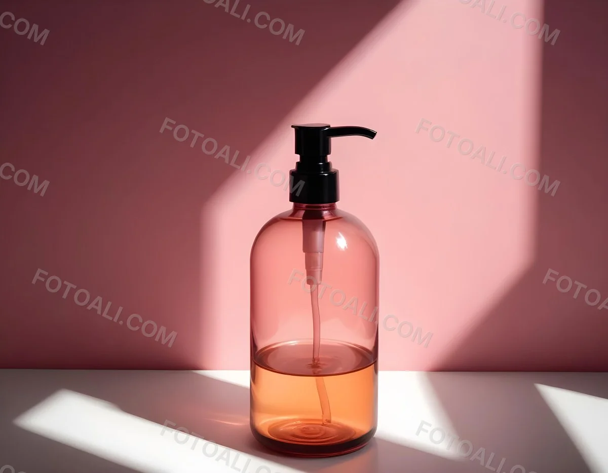 Minimal Soft Studio Light Photography A Pink Glass Bottle With White Dispenser On A Black Surface White Wall With Shadows In The Background High Detail Solid Bold Color Background 6 490f