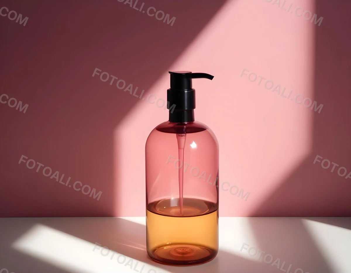 Minimal Soft Studio Light Photography A Pink Glass Bottle With White Dispenser On A Black Surface White Wall With Shadows In The Background High Detail Solid Bold Color Background 7 4f0b