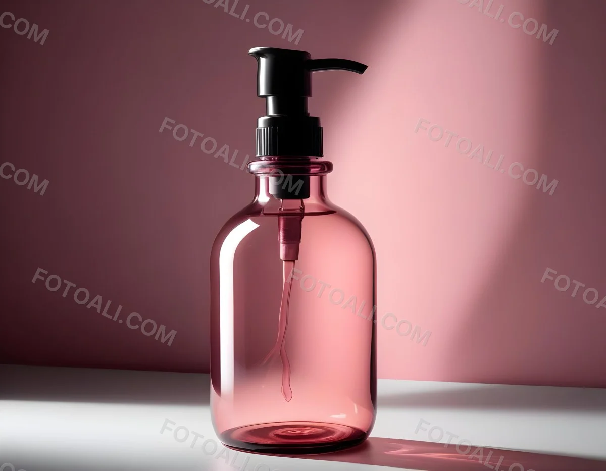 Minimal Soft Studio Light Photography A Pink Glass Bottle With White Dispenser On A Black Surface White Wall With Shadows In The Background High Detail Solid Bold Color Background 9 2c5b