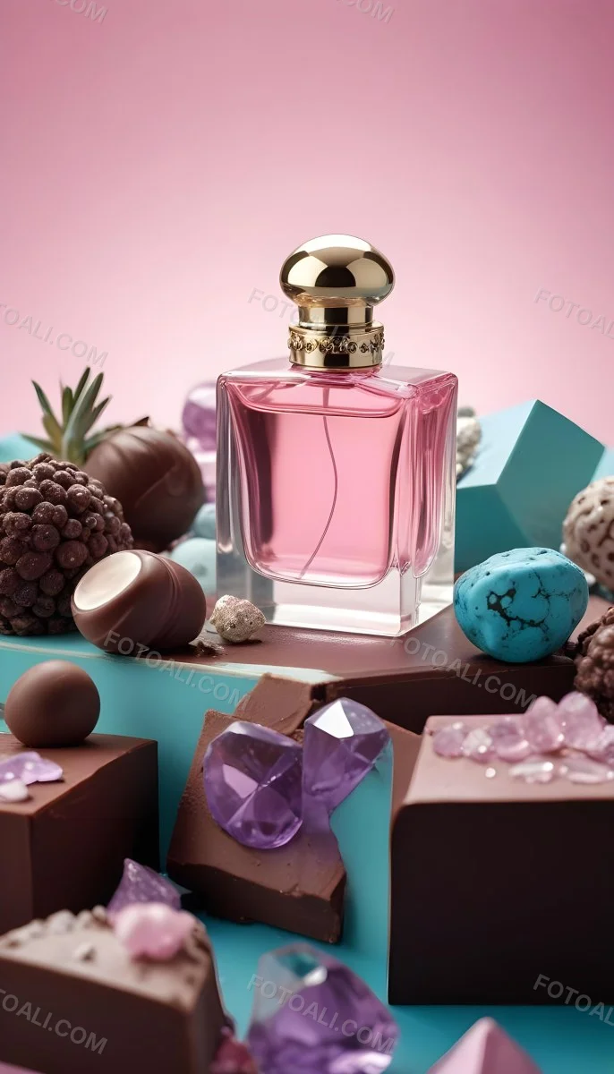 Minimal Soft Studio Light Photography A Pink Glass Perfume Bottle With A Silver Cap Surrounded By Dark Chocolate Pieces And Crystals On A Pink Background A Blue Ceramic Perfume Bottle With A Gold Cap Surrounde 38 Fb8d