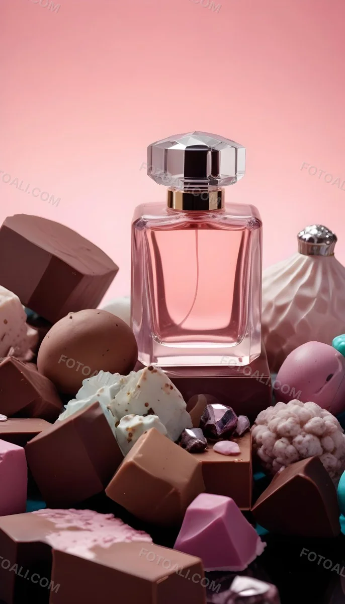 Minimal Soft Studio Light Photography A Pink Glass Perfume Bottle With A Silver Cap Surrounded By Dark Chocolate Pieces And Crystals On A Pink Background A Blue Ceramic Perfume Bottle With A Gold Cap Surrounde 39 18ca