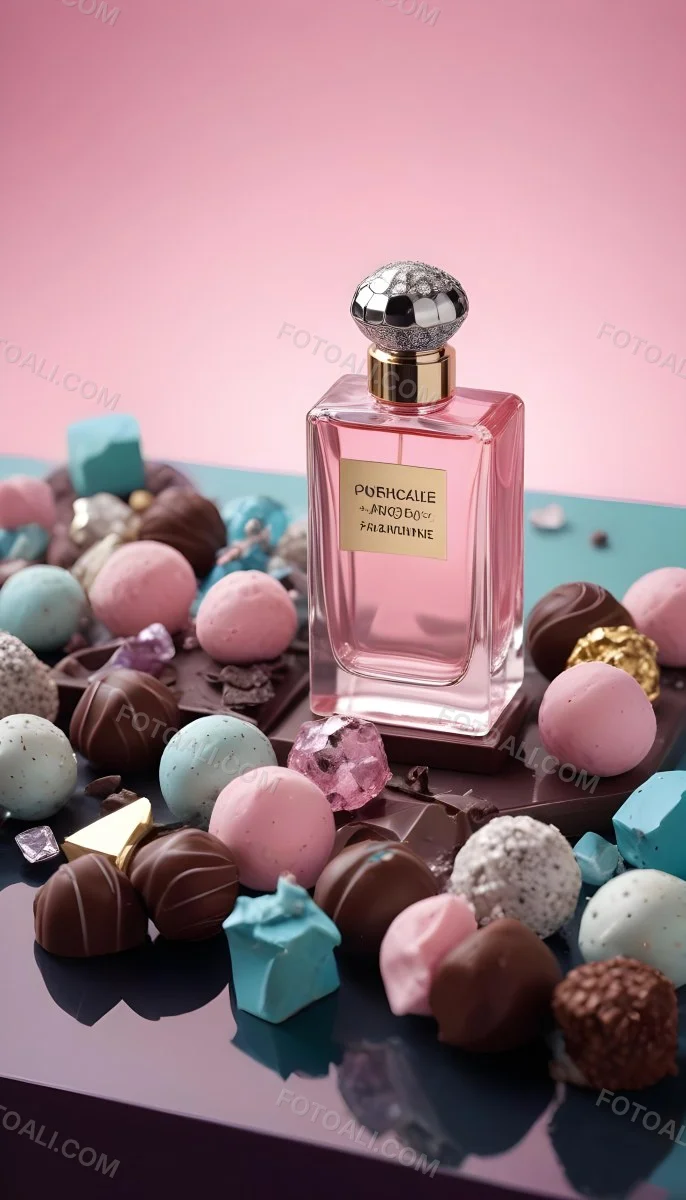 Minimal Soft Studio Light Photography A Pink Glass Perfume Bottle With A Silver Cap Surrounded By Dark Chocolate Pieces And Crystals On A Pink Background A Blue Ceramic Perfume Bottle With A Gold Cap Surrounde 4 Ac27