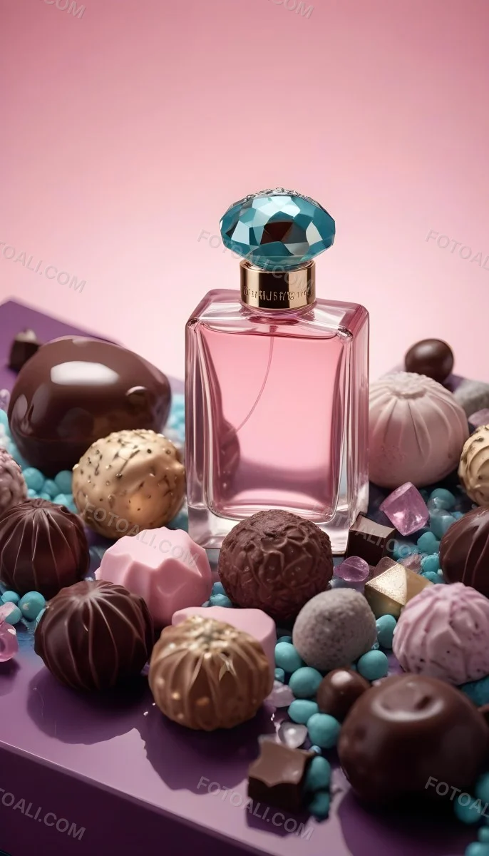 Minimal Soft Studio Light Photography A Pink Glass Perfume Bottle With A Silver Cap Surrounded By Dark Chocolate Pieces And Crystals On A Pink Background A Blue Ceramic Perfume Bottle With A Gold Cap Surrounde 41 5236