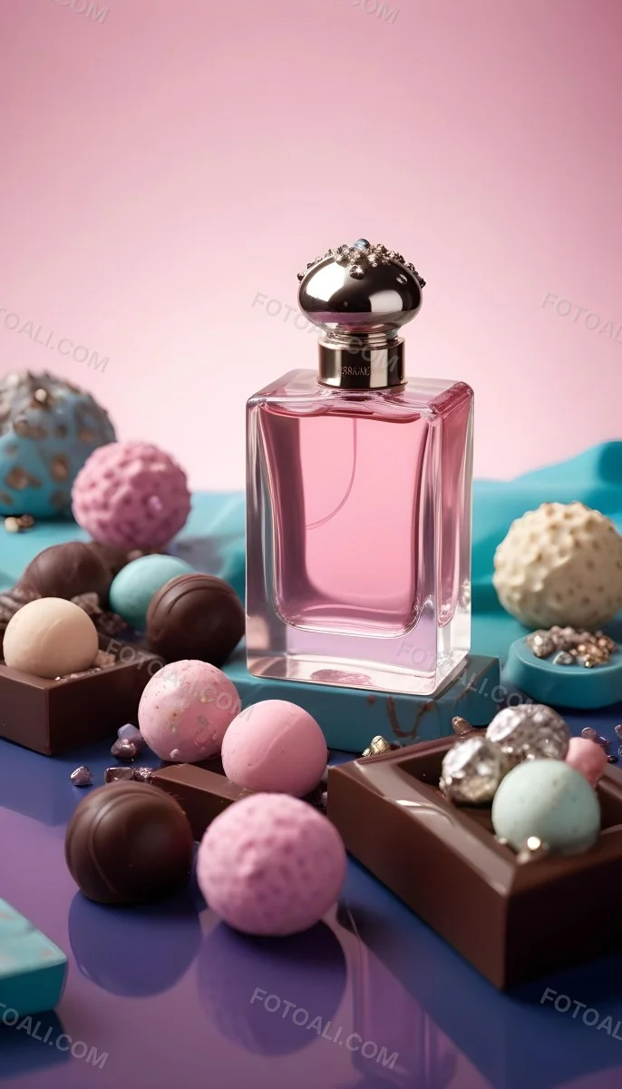 Minimal Soft Studio Light Photography A Pink Glass Perfume Bottle With A Silver Cap Surrounded By Dark Chocolate Pieces And Crystals On A Pink Background A Blue Ceramic Perfume Bottle With A Gold Cap Surrounde 43 0f9b