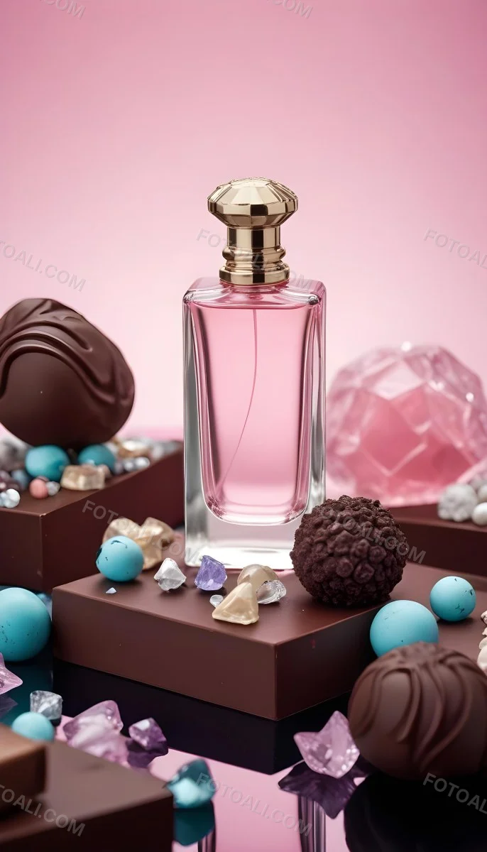 Minimal Soft Studio Light Photography A Pink Glass Perfume Bottle With A Silver Cap Surrounded By Dark Chocolate Pieces And Crystals On A Pink Background A Blue Ceramic Perfume Bottle With A Gold Cap Surrounde 9 8188