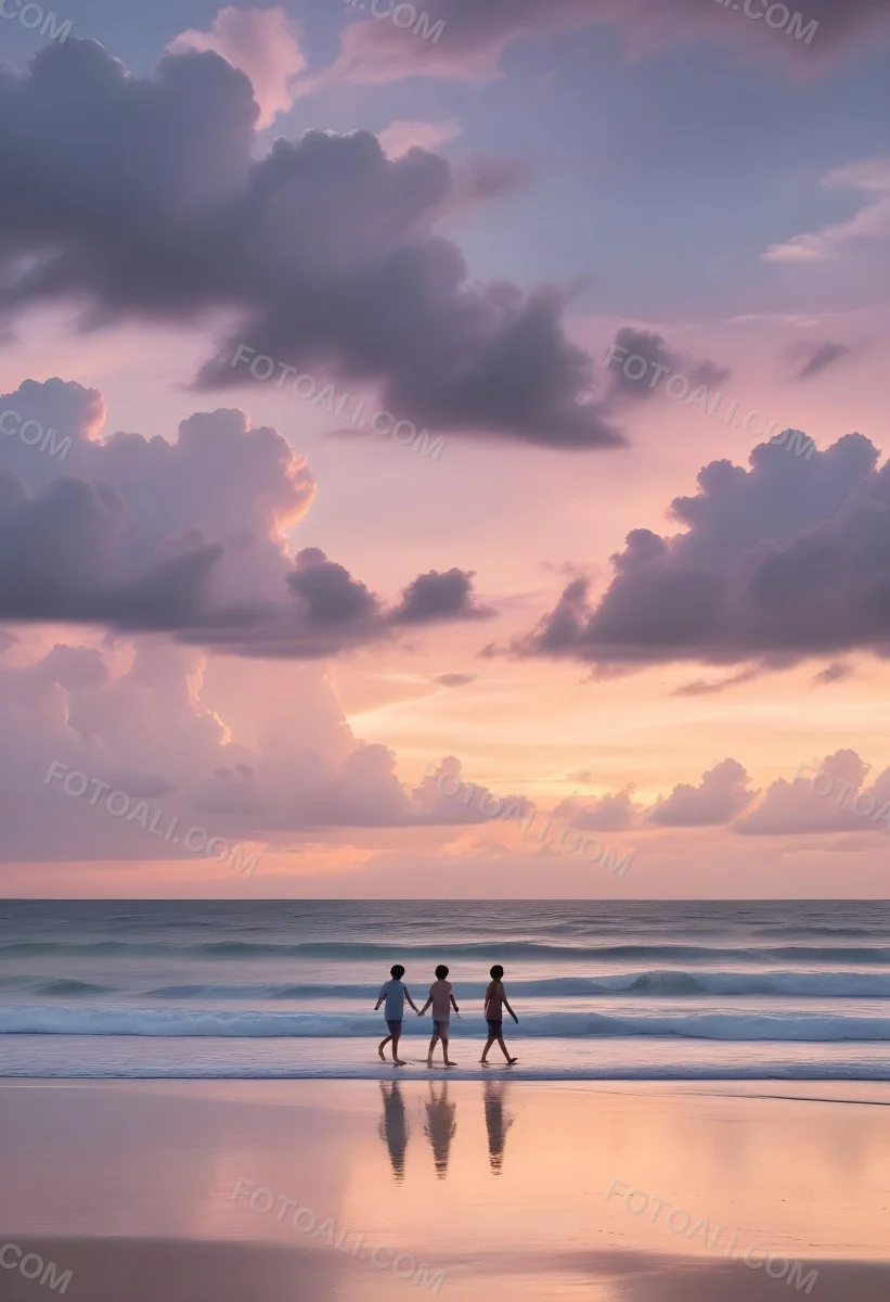 Minimal Soft Studio Light Photography A Serene Beach Scene At Sunset With A Calm Ocean And Distant Silhouettes Of People Walking Along The Shore The Sky Is Filled With Soft Pastel Colored Clouds Creating A Peaceful A 10 5b40