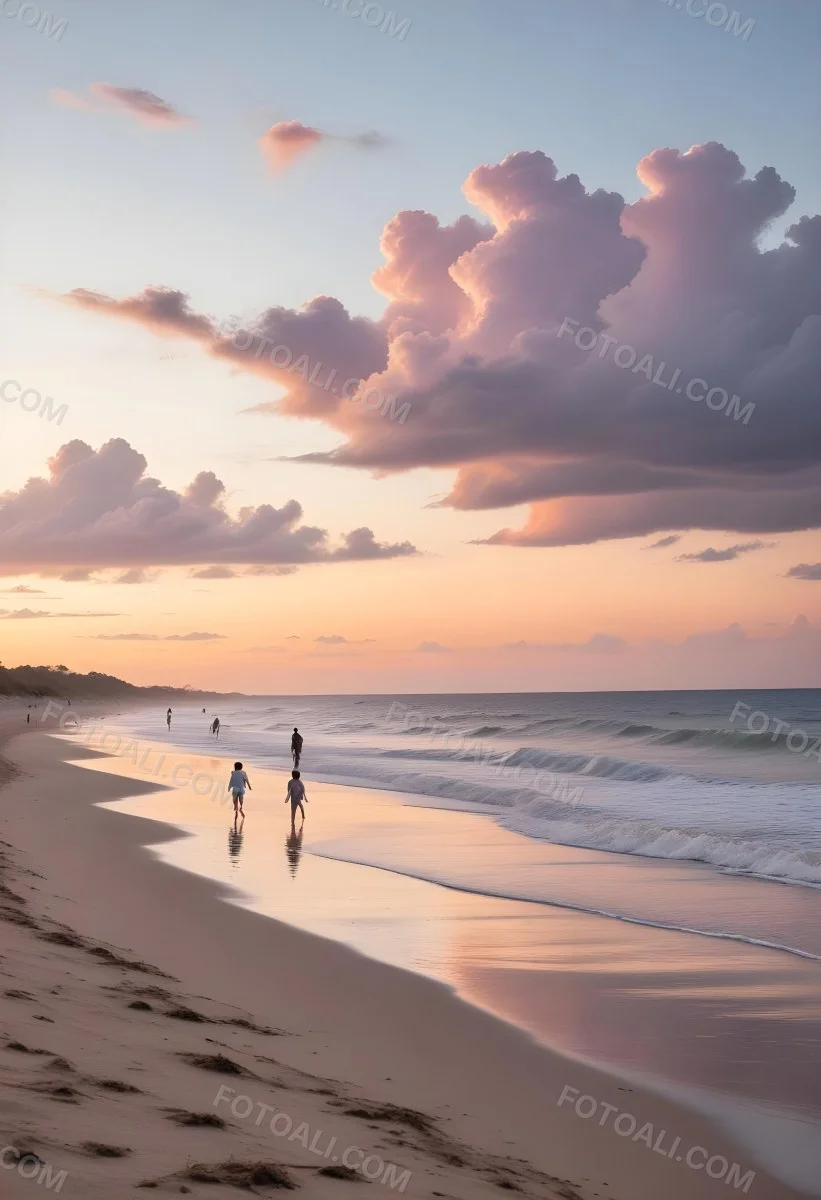 Minimal Soft Studio Light Photography A Serene Beach Scene At Sunset With A Calm Ocean And Distant Silhouettes Of People Walking Along The Shore The Sky Is Filled With Soft Pastel Colored Clouds Creating A Peaceful A 13 6c91