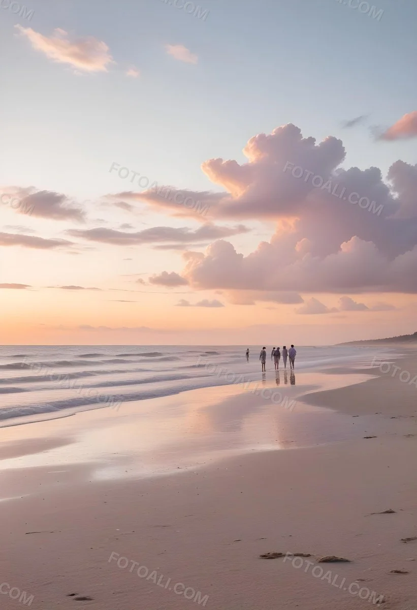 Minimal Soft Studio Light Photography A Serene Beach Scene At Sunset With A Calm Ocean And Distant Silhouettes Of People Walking Along The Shore The Sky Is Filled With Soft Pastel Colored Clouds Creating A Peaceful A 19 46c1