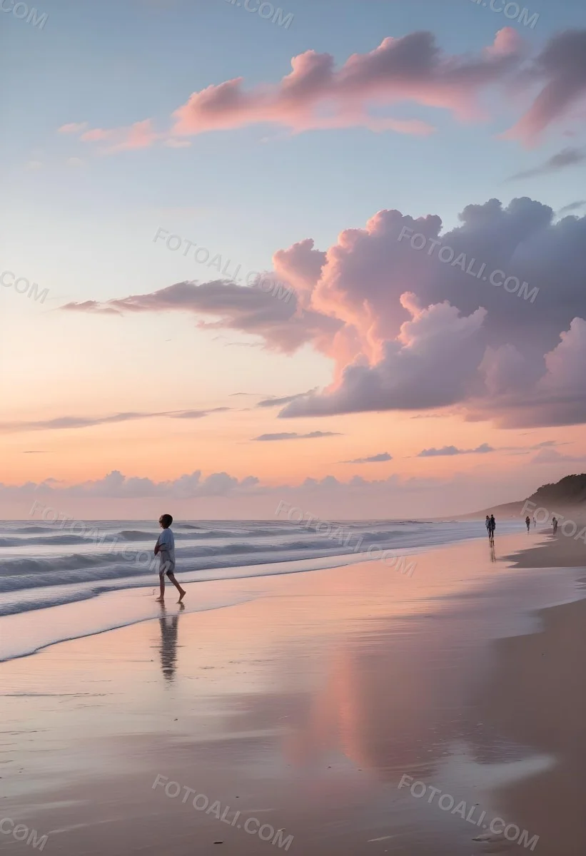 Minimal Soft Studio Light Photography A Serene Beach Scene At Sunset With A Calm Ocean And Distant Silhouettes Of People Walking Along The Shore The Sky Is Filled With Soft Pastel Colored Clouds Creating A Peaceful A 20 C7c4