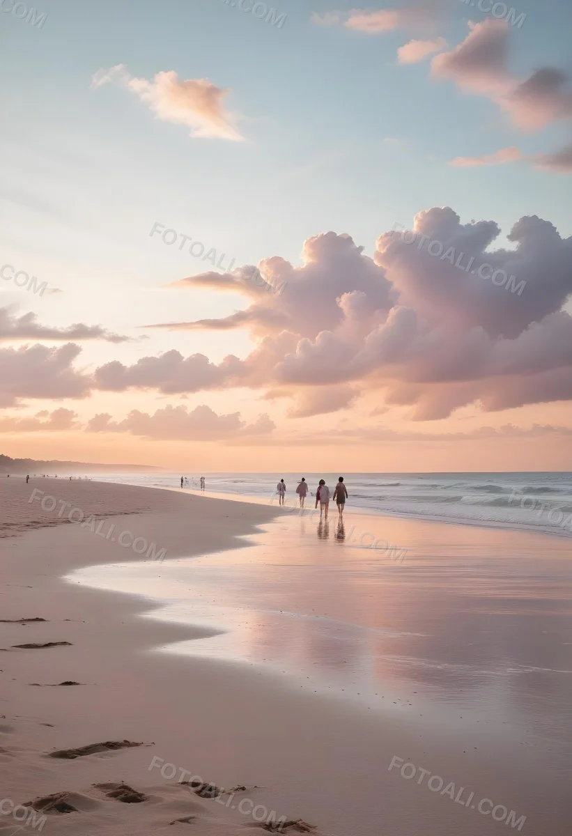 Minimal Soft Studio Light Photography A Serene Beach Scene At Sunset With A Calm Ocean And Distant Silhouettes Of People Walking Along The Shore The Sky Is Filled With Soft Pastel Colored Clouds Creating A Peaceful A 24 B3ed