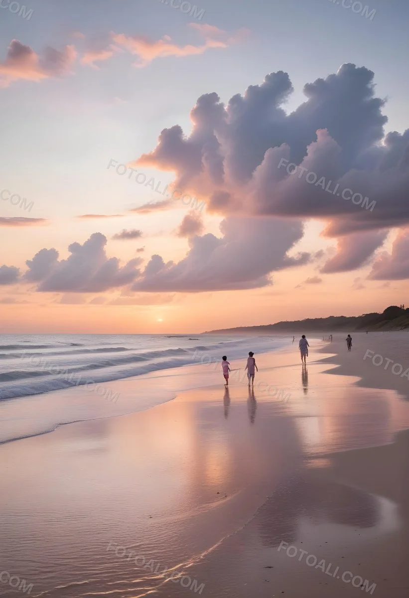 Minimal Soft Studio Light Photography A Serene Beach Scene At Sunset With A Calm Ocean And Distant Silhouettes Of People Walking Along The Shore The Sky Is Filled With Soft Pastel Colored Clouds Creating A Peaceful A 25 66ca