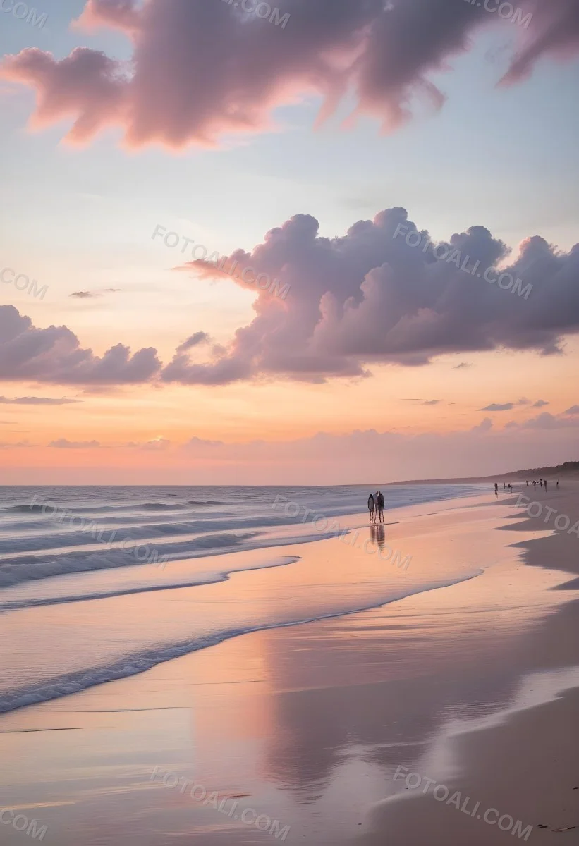 Minimal Soft Studio Light Photography A Serene Beach Scene At Sunset With A Calm Ocean And Distant Silhouettes Of People Walking Along The Shore The Sky Is Filled With Soft Pastel Colored Clouds Creating A Peaceful A 26 0897