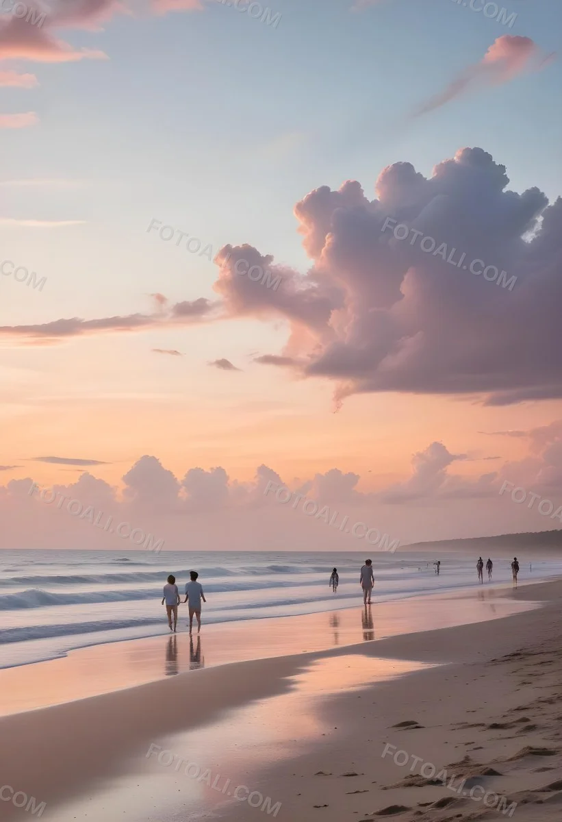 Minimal Soft Studio Light Photography A Serene Beach Scene At Sunset With A Calm Ocean And Distant Silhouettes Of People Walking Along The Shore The Sky Is Filled With Soft Pastel Colored Clouds Creating A Peaceful A 28 7c93