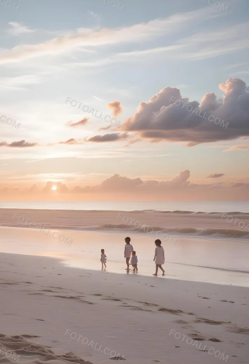 Minimal Soft Studio Light Photography A Serene Beach Scene At Sunset With A Calm Ocean And Distant Silhouettes Of People Walking Along The Shore The Sky Is Filled With Soft Pastel Colored Clouds Creating A Peaceful A 29 08e6