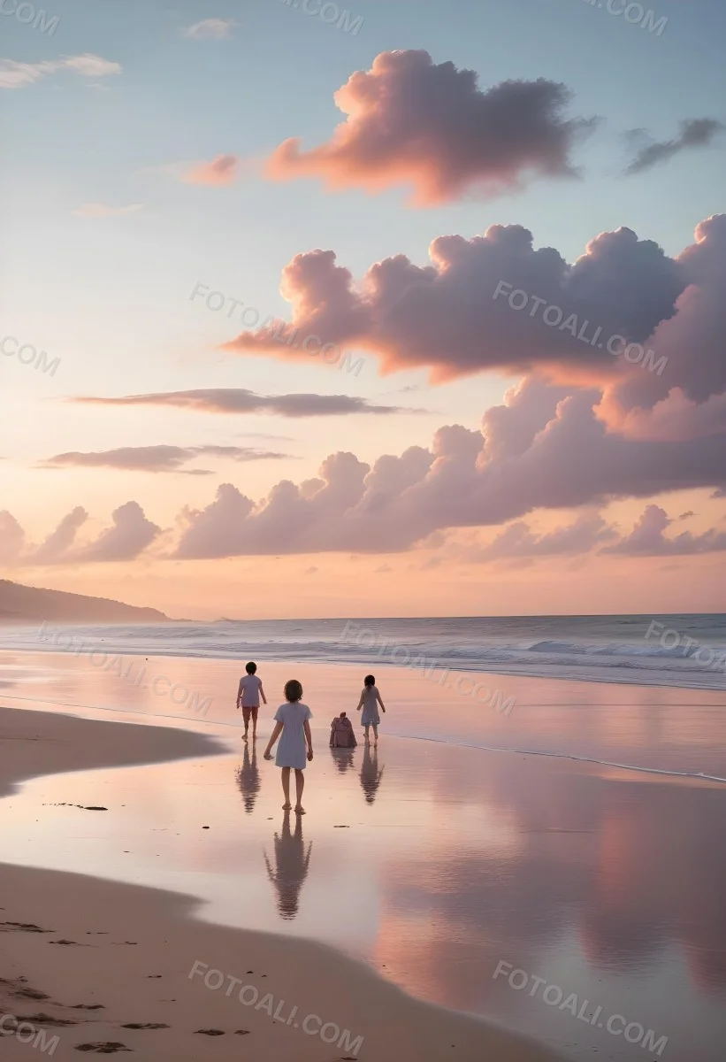 Minimal Soft Studio Light Photography A Serene Beach Scene At Sunset With A Calm Ocean And Distant Silhouettes Of People Walking Along The Shore The Sky Is Filled With Soft Pastel Colored Clouds Creating A Peaceful A 3 369b